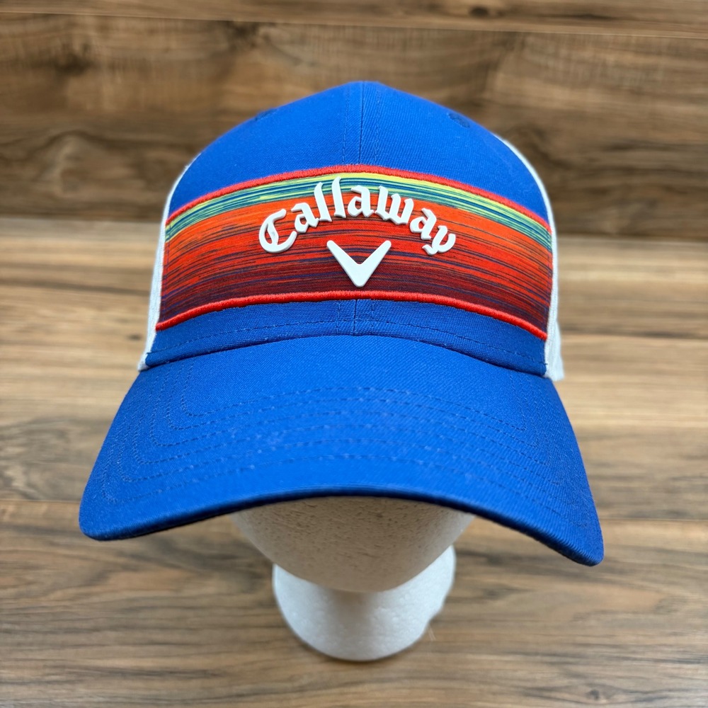 Callaway Golf Mens Snap Back Golf Hat Blue White Mesh Sunset Stripe